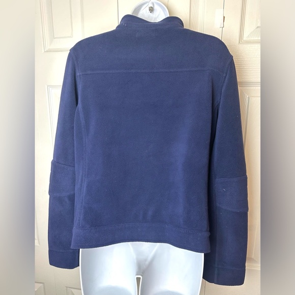 LILLY PULITZER Fleece Jacket Coat Navy Blue Pink Palm Tree Pockets Elbow Patch - Picture 6 of 16